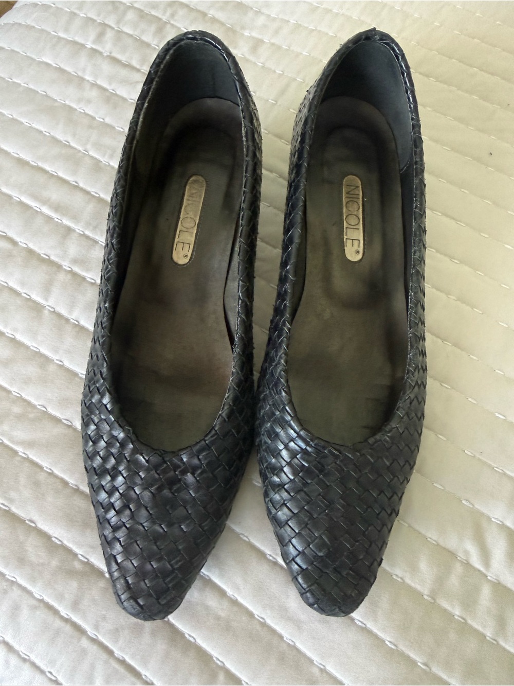 Nicole Black Woven Leather Pointed-Toe Flats